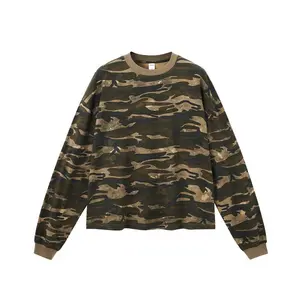 Inflation 100% Cotton Street Cropped Boxy Camo Loose Long Sleeve T-Shirt Autumn Winter New Fashion Outdoor Casual Versatile Crew Neck Top Streetwear gift