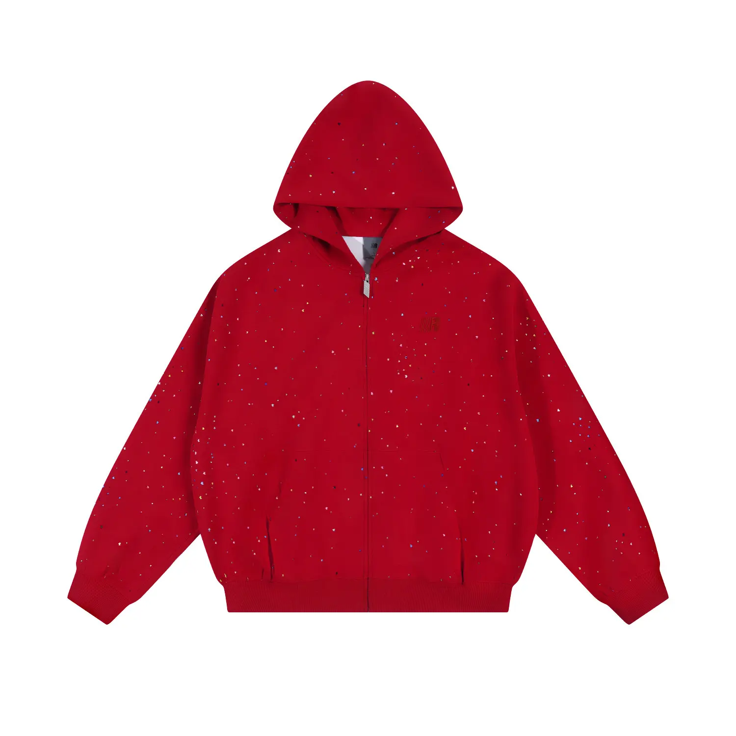 FDR Confetti Dot Rhinestone Star Zip-Up Hoodie, Oversized Red Sweatshirt for Men & Women, Relaxed Fit Y2K Streetwear Jacket, Graphic Full Zip Hoodie for Casual Daily Wear