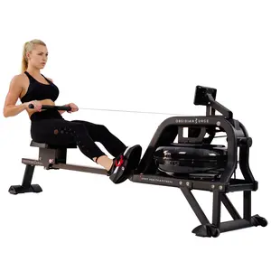 212 MAIN Obsidian Surge Water Rowing Machine - Sunny Health & Fitness SF-RW5713 Model, 500m Capacity, Durable Nylon Cloth Hook And Eye Straps, Molded Padded Seat