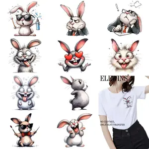 12 Pcs Cute Rabbit Heat Transfer Patches Adorable Floral Designs for T Shirts Clothes Bags Pillowcases Decoration