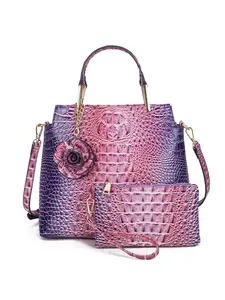 2Pcs Ombre Purple-Pink Crocodile Embossed Handbag Set, Women's PU Leather Tote with Crossbody Strap & Wristlet