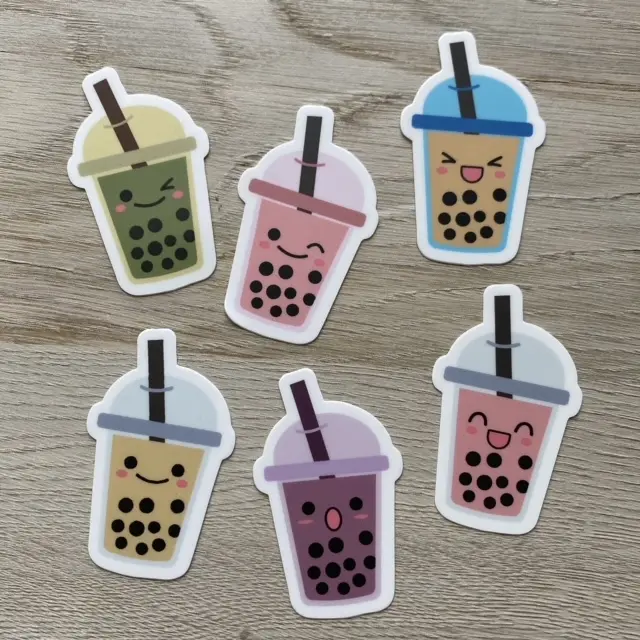 Boba sticker collection, boba tea stickers, boba stationery, water bottle decals, car decals, laptop stickers, set of 6, made in the USA