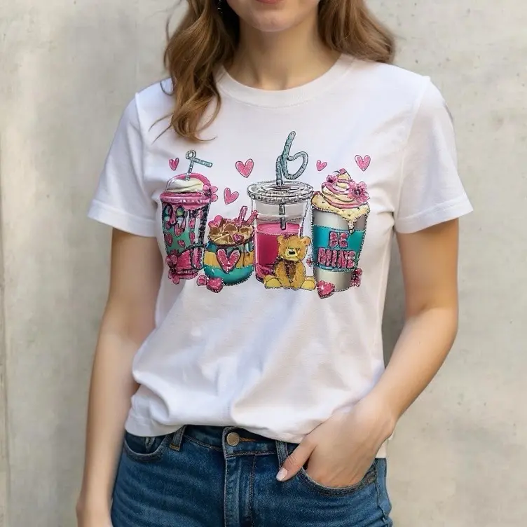 Women's Casual Heart Graphic Shirt, Comfortable Short Sleeve and Round Neck Design for Everyday Wear, Tshirt, Women's Clothes, Vasos Design