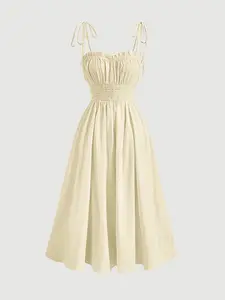 Women's Lace-Up Adjustable Spaghetti Strap Midi Dress, High-Waisted A-Line Skirt, Casual Summer Fashion, Elegant Formal Party Wear, Comfortable Daily, Womenswear