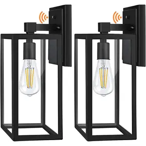 Set of 2 Modern Outdoor Wall Sconces, Black Metal Cage with Dusk to Dawn Sensor, Waterproof Exterior Light Fixtures for Porch, Patio, Entryway