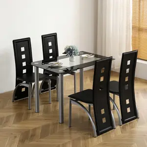 Indoor 5-Piece Leather Dining Table Set for 4, Black Tempered Glass Kitchen Table with Silvery Legs, 4 Chairs