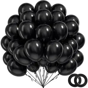 100pcs Black Balloons 12 inch, Black Latex Balloons with Black Ribbon for Graduation Halloween Birthday Party Decorations