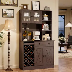 72" Tall Kitchen Pantry Cabinet with Power Outlet – Barn Doors, Wine Bottle Rack & Ample Storage – Modern Sideboard Buffet for Dining Room, Kitchen, or Home Bar