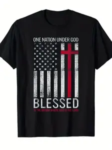 One Nation Under God Blessed American Flag T-Shirt - Christian Patriotic Apparel with Crossed-Out Prayer - Heavyweight 220GSM Tee - Vintage Style Religious Freedom Shirt - Independence Day, Church Events, Casual Attire - Men'S & Women'S Sizes