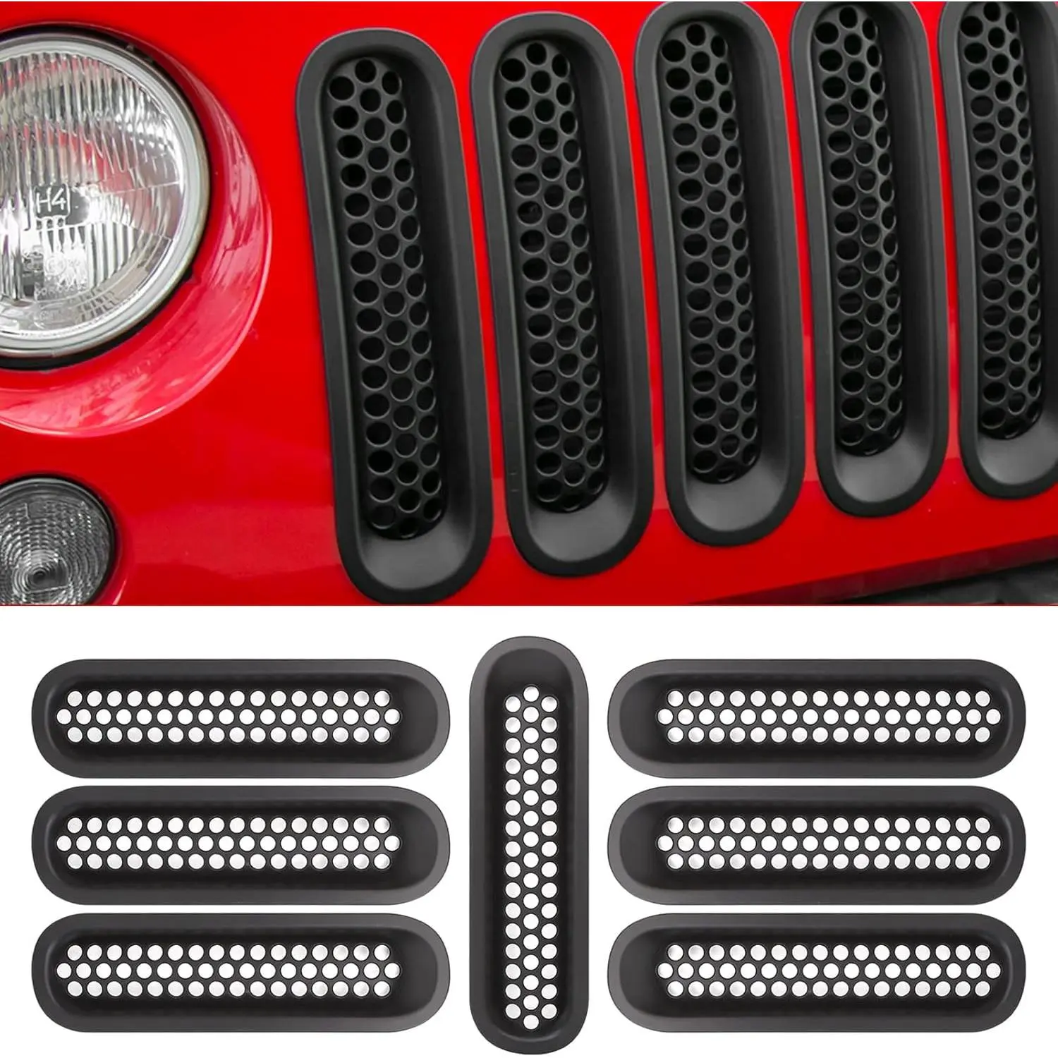 upgrade Version Clip-on Grille Front Mesh Grille Inserts Compatible with Jeep Wrangler JK JKU 2007-2017 (Matte Black)
