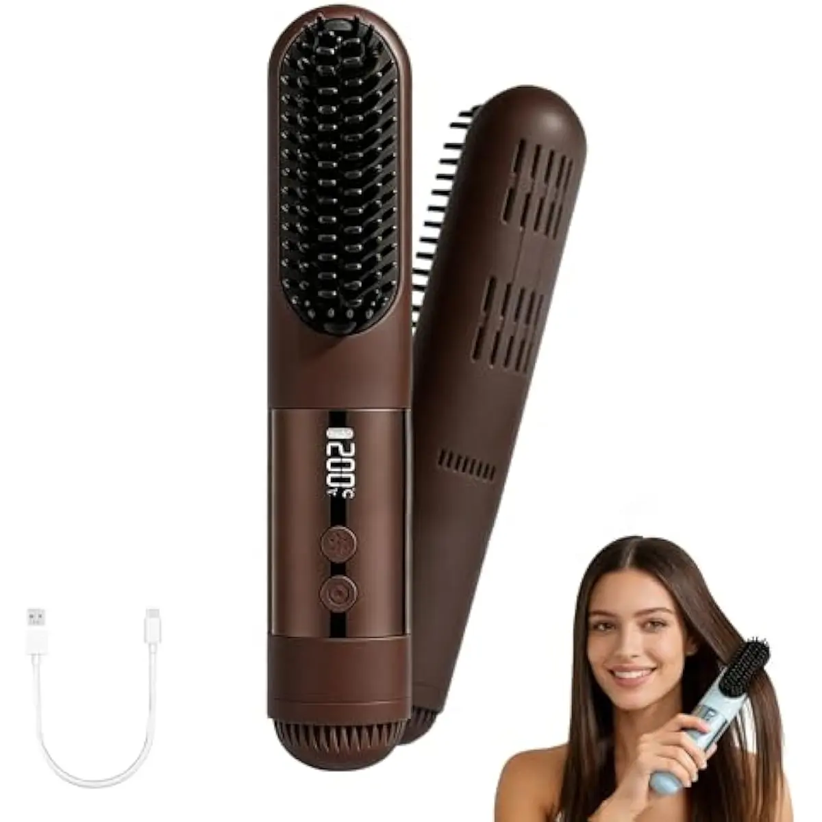 Cordless Hair Straightener Brush - Rechargeable 2-in-1 Portable Mini Hot Comb & Cool Airflow Styler, Fast Heating Anti-Frizz Straightening Comb, LCD Display for Travel