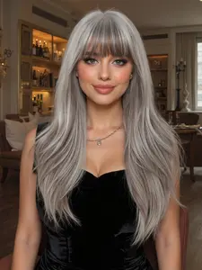 Fashionable New 24 Inch Long Wavy Brown Wigs with Bangs and Grey Highlights, Wavy Synthetic Hair, Synthetic Women's Wigs for Ordinary Work, Life, Dance Parties and All Occasions, Wavy Synthetic Hairpiece