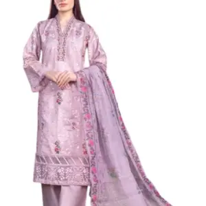 Pakistani Lilac Cotton Net 3PC Festive Party Kurta Set with Embroidered Details and Matching Dupatta Womenswear Traditional Clothes