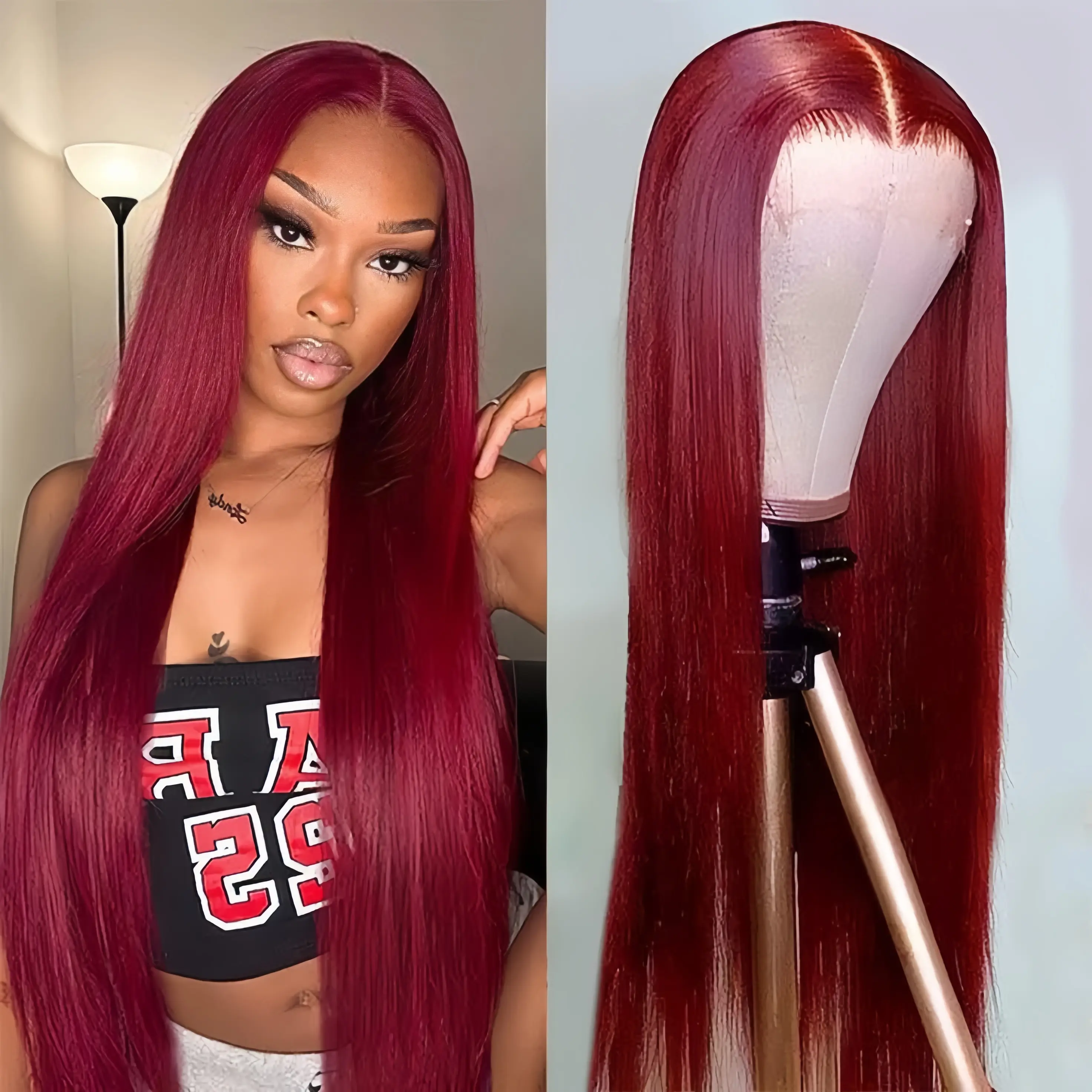 SummerVibes 30 Inch Straight Synthetic Smooth Wig 13x6 HD Transparent Lace Frontal Wig for Women and Girls Gorgeous Fluffy Wigs without Bangs Long Straight Wigs for Party Daily Use 99j Burgundy 200% Density Straight Hair Red Lace Front Wig Girl