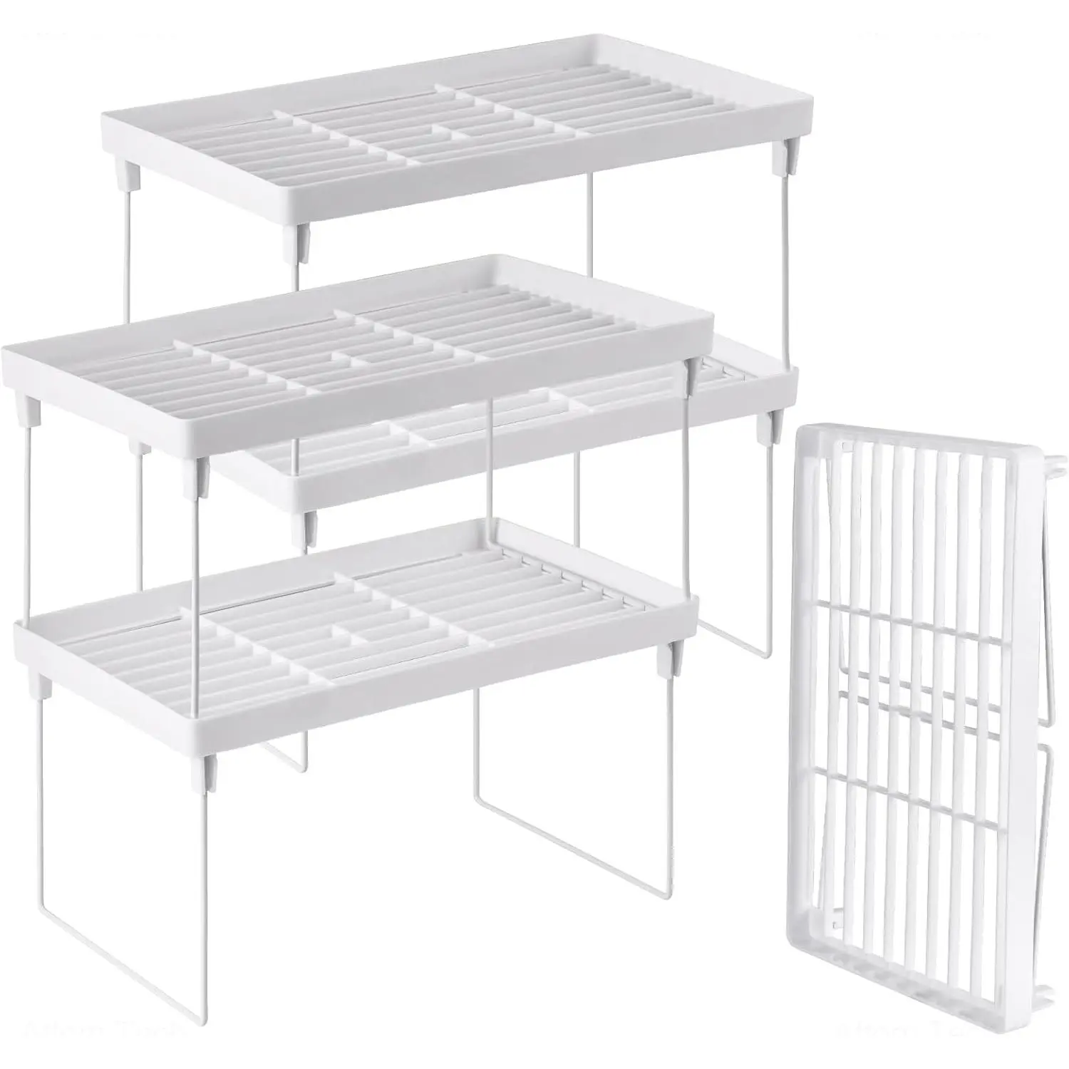 4-Pack Stackable Plastic Kitchen Storage Shelf Foldable Rack - White Kitchen Cabinet Organizer and Storage Shelves Stackable Expandable Storage Racks for Counter Cabinet Pantry Set