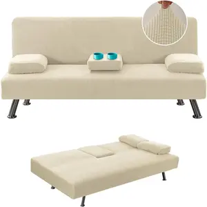 4 Pieces Stretch Futon Covers Sofa Bed Slipcover with Removable Armrests and Cupholders Covers Furniture Protector High Spandex Small Checks, Natural