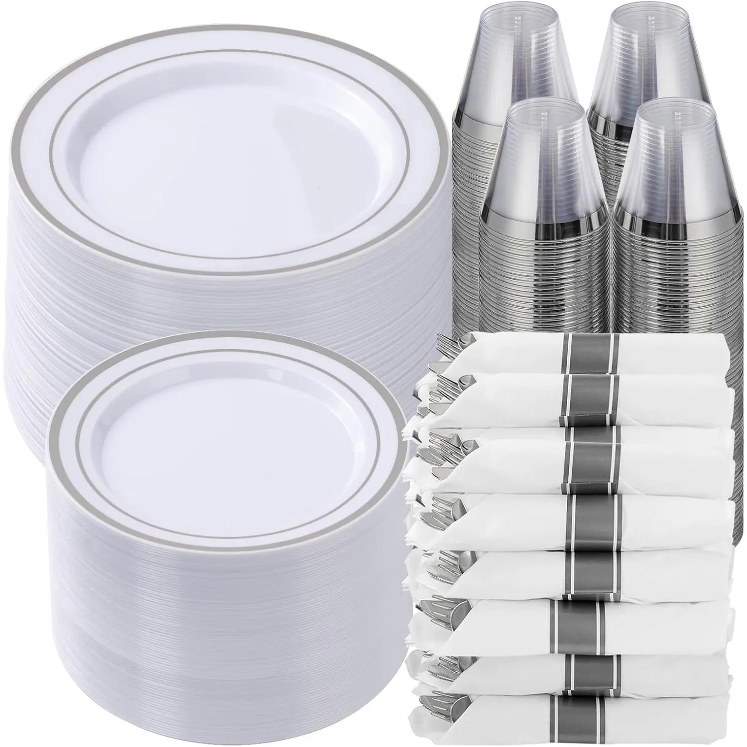 700 Piece Silver Plastic Dinnerware Set for 100 Guests, Disposable Plates for Party, Include: 100 Dinner Plates, 100 Dessert Plates, 100 Pre Rolled Napkins with Silverware, 100 Cups