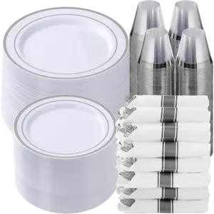 700 Piece Silver Plastic Dinnerware Set for 100 Guests, Disposable Plates for Party, Include: 100 Dinner Plates, 100 Dessert Plates, 100 Pre Rolled Napkins with Silverware, 100 Cups Christmas Thick