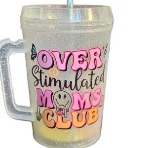 Overstimulated moms club retro with smiley face 34oz Mother Trucker Mug with Lid & Straw - Bridal Party Mug mug wrap, Drinkware - Tumbler Washable Coffee Reusable, fun, trendy Cup Reuse Lightweight Portable