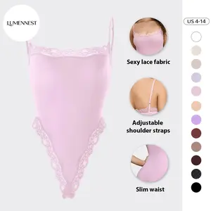 LUMENNEST Lace Series Women's Spaghetti Strap Lace Trim Breathable Bodysuit, Minimalist Chic Bodysuit, Seamless Fitted Plain Lightweight Bodysuits