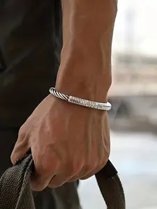 Silver Engraved Cuff Bracelet, Vintage Bohemian Jewelry with Symbolic Text & Twisted Design for Men's Daily & Streetwear