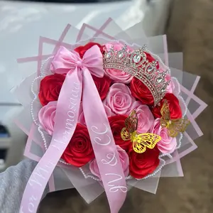 Princess Bouquet with Pink and Red Roses, Diamond-Embellished Crown, and Yellow Butterfly Decorations Satin Gift Floral