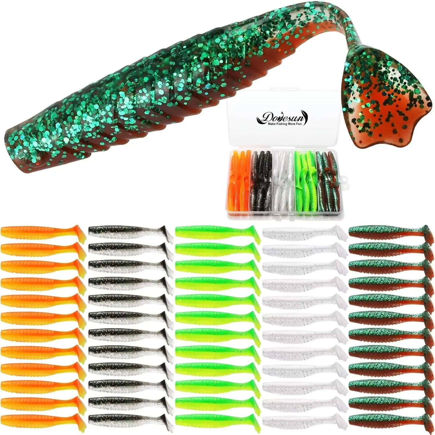 Soft Plastic Lures Kit, 60/75 Pcs Flexible Paddle Tail Swimbaits with Glitter, Lifelike Hook Slotted Shad Baits for Bass, Crappie & Walleye Fishing, Fishing Gear And Equipment, Bass Fishing Lures