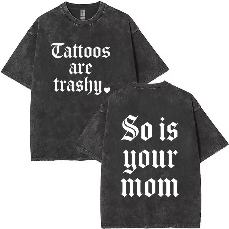 Men's Vintage Washed Ribbed Graphic T-Shirt - Seamless Loose Baggy Knit Cotton Crew Round Neck Sarcastic Apparel with 'Tattoos Are Trashy' Adult Humor Print, Soft Basic Alternative Classic Tops