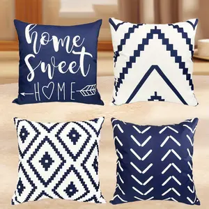 Set of 4 Decorative Throw Pillow Covers 18x18 Inch Blue Pillow Covers for Couch Sofa Living Room Bedroom Car, Farmhouse Outdoor Throw Pillow Cover, Modern Geometric Linen Square Throw Pillow Case
