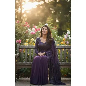 Purple Heavy Sequin Pre-stitched Saree - Luxury Georgette