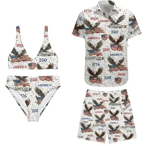 4th of July Matching Couple Swimwear, America 250 Eagle Flag All Over Print Bikini & Trunks Set, Patriotic Gift for Husband & Wife