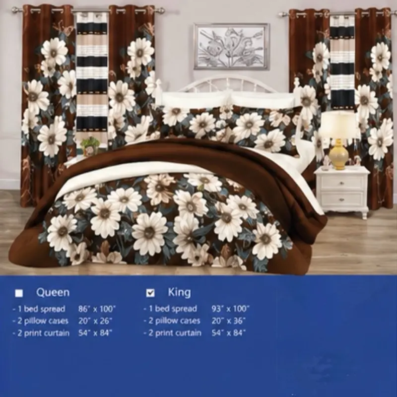 King Daisy Floral Bedspread Set with Matching Curtains – 5 Pieces – Brown & White Collection. /  Juego King Floral Margaritas con Cortinas – 5 Piezas – Café y Blanco