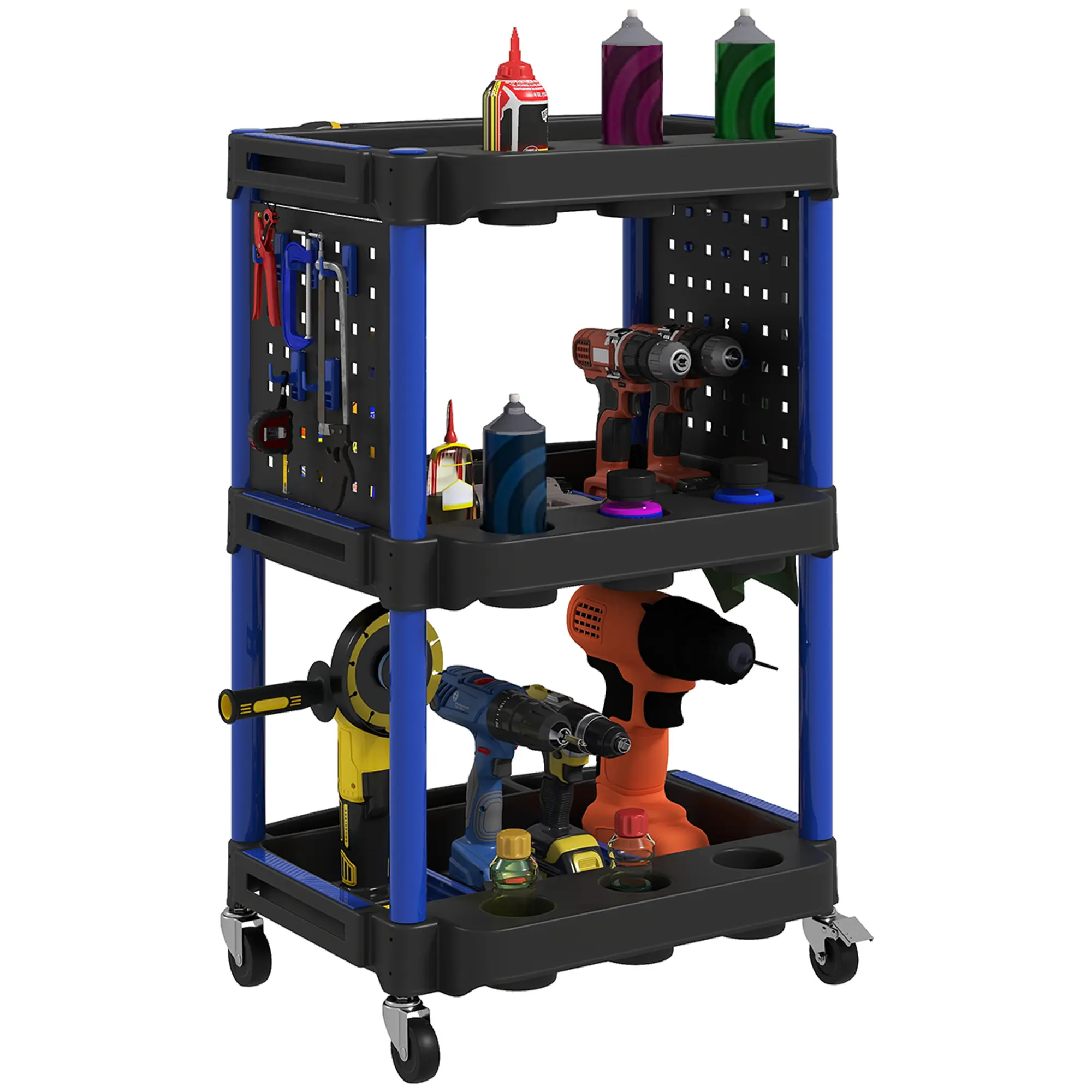 HOMCOM Sturdy 3-Layer Rolling Plastic Tool Cart Organizer, 200 LBS Capacity, Multilayer Racks, Side Shelves, Brake-Equipped Wheels, Mobile Storage for Garage, Workshop, Warehouse