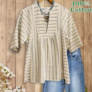 SageVell 100% Cotton Chic Striped V - Neck Breezy Spring Summer Style with Flowy Silhouette & Breathable Fabric Shirt, Elegant Blouse