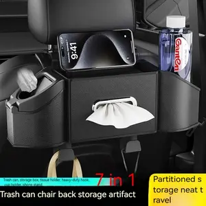 New 7-in-1 Car Organizer with ABS Material Trash Can Storage Box Tissue Holder Heavy-Duty Hook Cup Holder Phone Stand Partitioned for Neat Travel