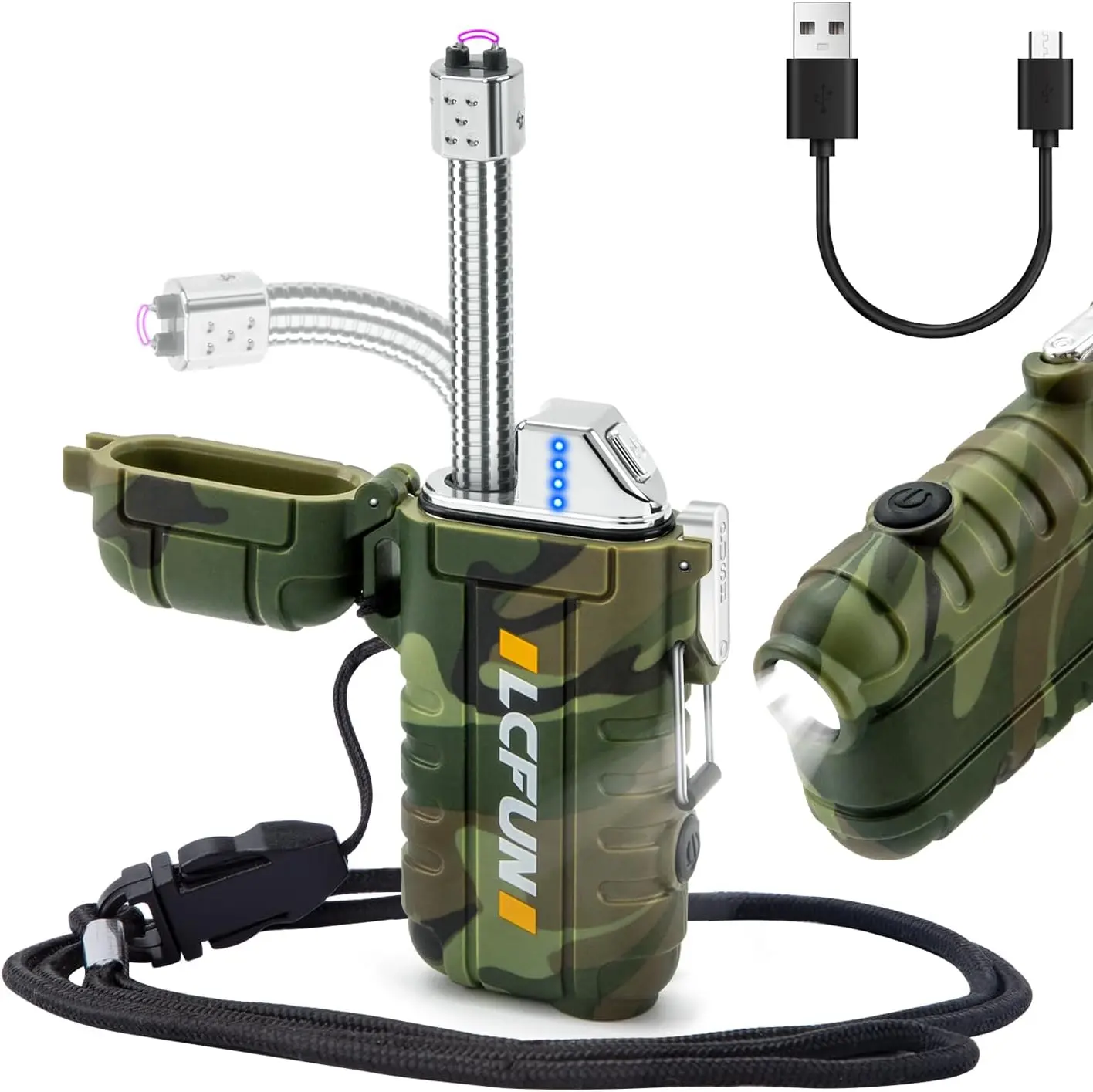 LcFun USB Rechargeable Flameless Candle Lighters, Windproof Plasma Lighters with LED Battery Display, Waterproof Matches & Flashlight for Camping, Survival Tactical Gear