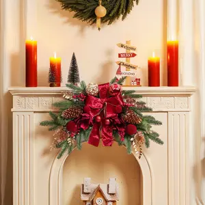 SHareconn 24" Christmas Swag for Front Door Teardrop Decoration with Bows Xmas Balls Red Magnolia Berries Pine Cone for Indoor Outdoor Swags Wall Window Table Mantel Home Holiday Hanging Decor Gift