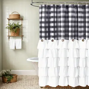[Ruffled Design] Elegant Black & White Checkered Ruffled Bath Curtain | 1pc, 180x180cm | Polyester | Machine Washable, Washable | Bathroom Decor | Ruffled Design, Decorative