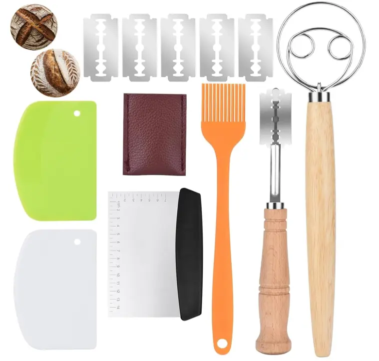 Jierjiaas Danish Dough with Sourdough Scoring Tool-Bread Whisk Set of 6 Pieces-Dough Hook,Dutch Whisk,Bread Lame,Bench Scraper & Pastry Brush Bread...