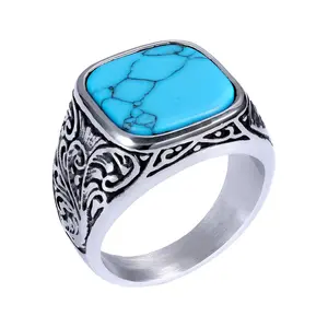 OIDEA Men's Turquoise Onyx Signet Ring - Biker Vintage Polished Stainless Steel Statement Wedding Band, Men's Jewelry, Sizes 8-13, Men's Accessories summerwins,summerwins