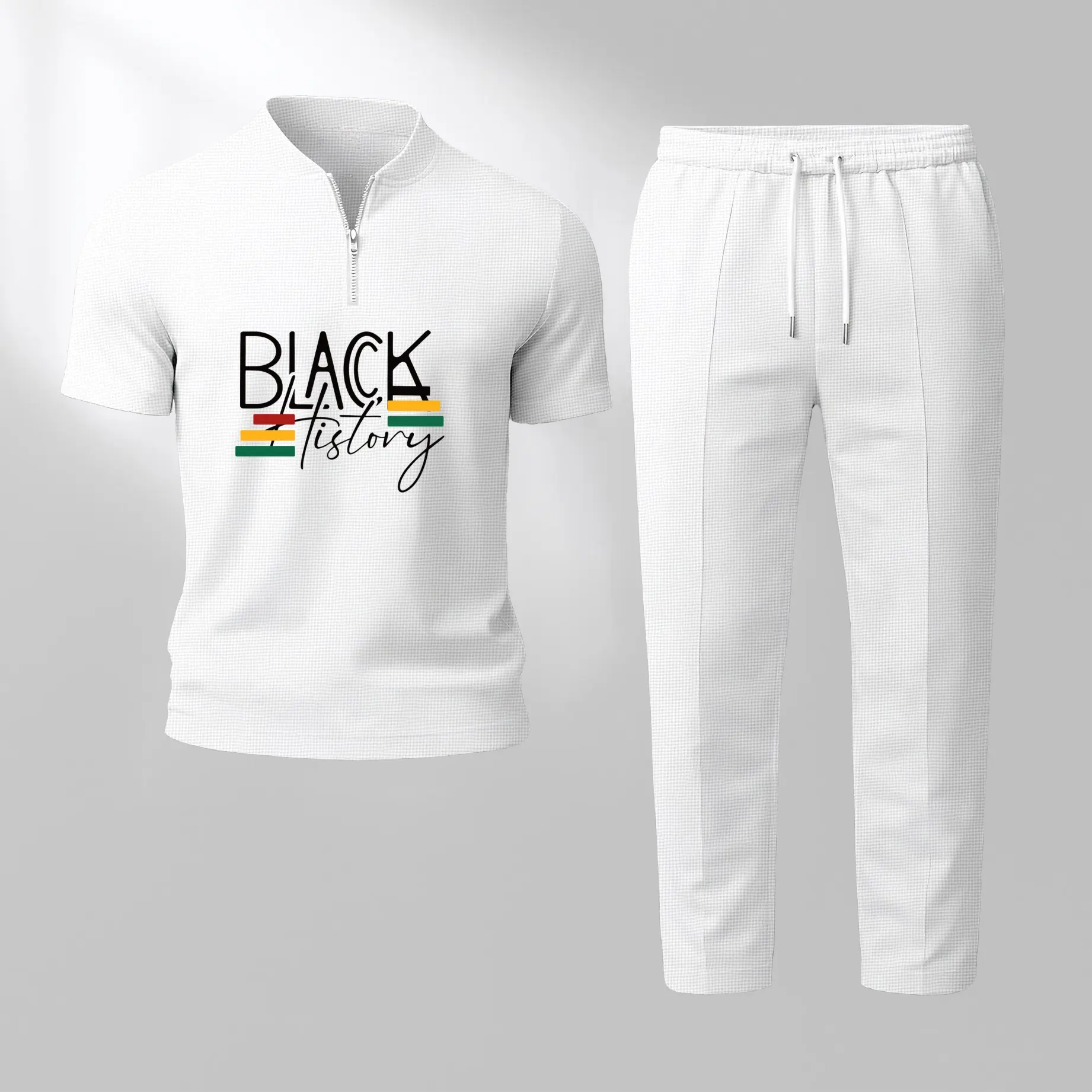 Men's 2-Piece Lounge Set, Casual Waffle Knit Zip Henley Short Sleeve Top and Drawstring Pants Menswear Outfit, Fabric, Sporty Chic, Knitting, Ready To Wear, Adjustable Draw, Two-Pieces