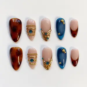 Fall Nails/Tortoise Shell nails/Tortoise Press on nails long almond nails/Leopard Nails/3D Gold Chrome Nails/Brown Nails/Birthday Nails