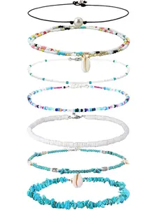 7 Pcs Puka Shells Necklace Single Pearl Boho Beads Neckace for girls Women Handmade Colorful Beads Jewelry Gifts