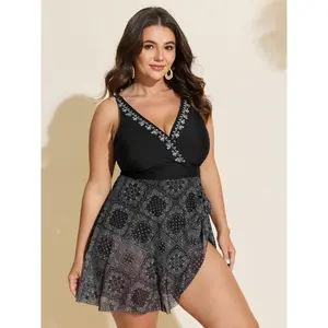 BLOOMCHIC Plus Size Geometric Print Embroidered Neckline Swim Dress [M-6X] 2026 Summer Vibes Swimweek