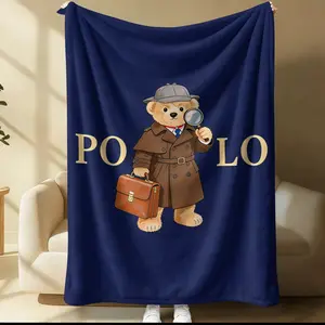 Detective Bear Print Flannel Blanket, Vintage Detective Kids Blanket, Retro Detective Bear Pattern Design, Multiple Sizes Available, Ideal Gift for Fans, All Seasons Use