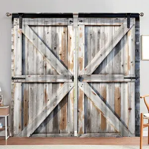 Wooden Barn Door Pattern Printing Door Curtain, 1 Set Farmhouse Style Door Curtain, Home Decor for Living Room Bedroom, Room Divider Curtain