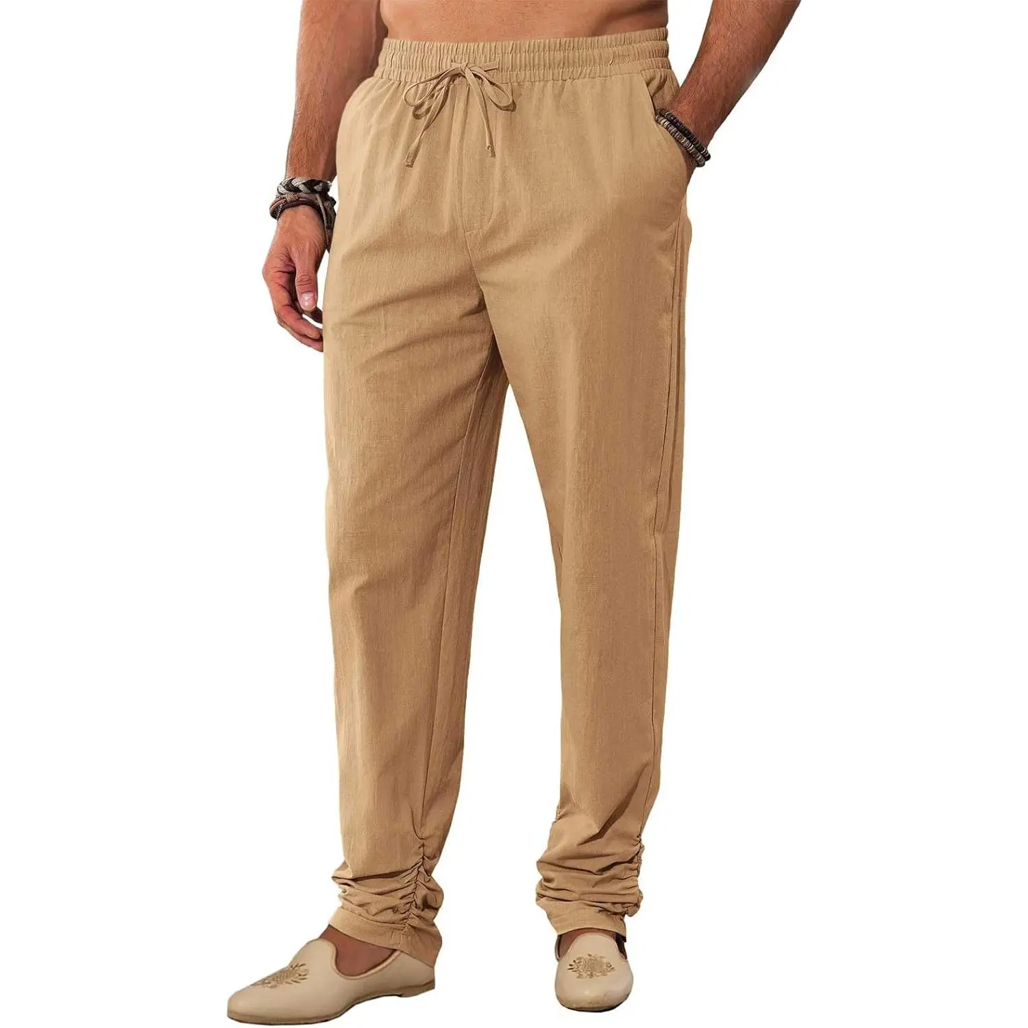 PASLTER Men's Cotton Kaftan Thobe Pants - Menswear, Plain, Casual Comfy Stretch, Adjustable Drawstring Men's Pants with Elastic Waist, Pockets for Summer Yoga