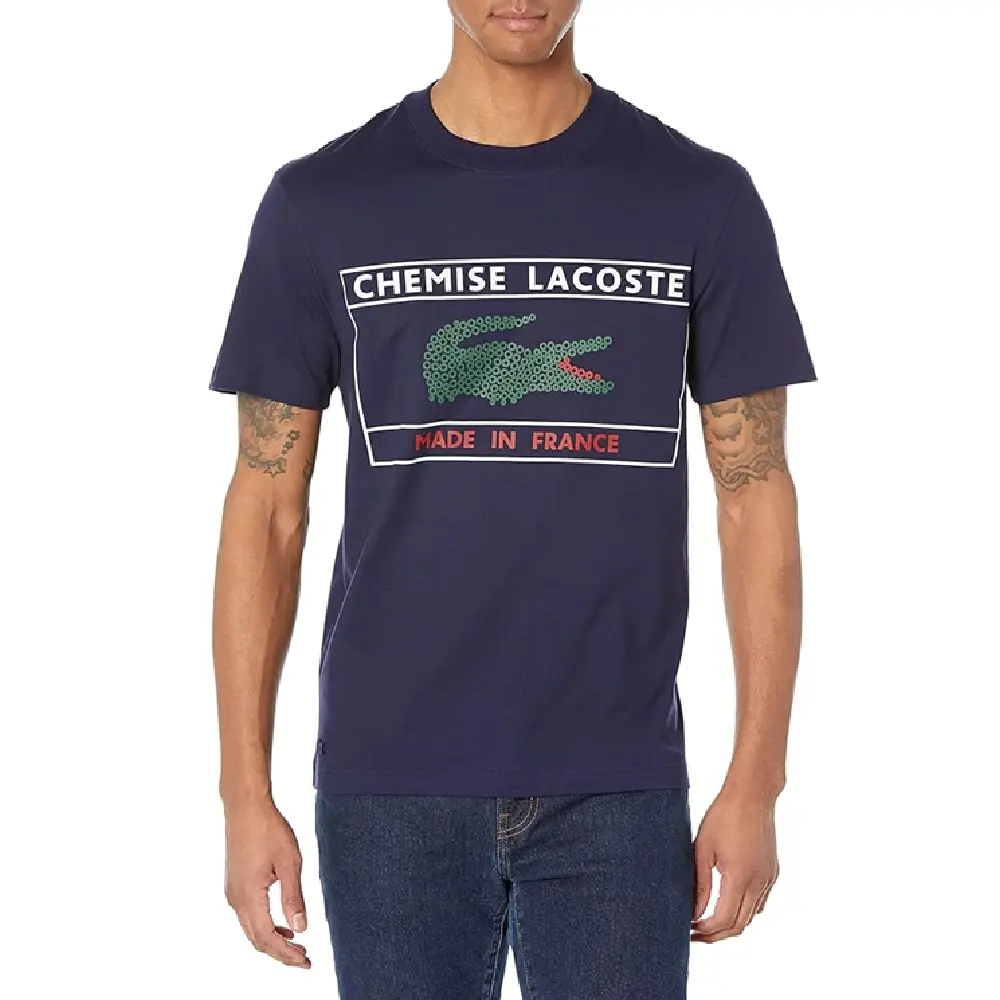 Men's Lacoste Navy Blue Short Sleeve Made in France Print Organic Cotton T-Shirt