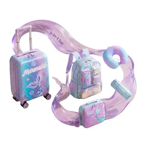 Kids Mermaid 5-Piece Luggage and Backpack Set | 18" Girls Hardside Spinner Suitcase with School Bookbag | Insulated Lunch Box, Travel Neck Pillow & Pencil Case smooth zipper
