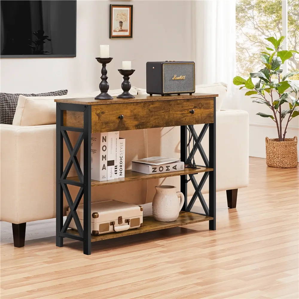 Yaheetech Vintage Wooden Console Table Outlet Sofa Table with 1 Drawer, 2 Open Shelves Versatile Entryway Table, Console Table with 2 Outlets and 2 USB Ports for Home, Living Room